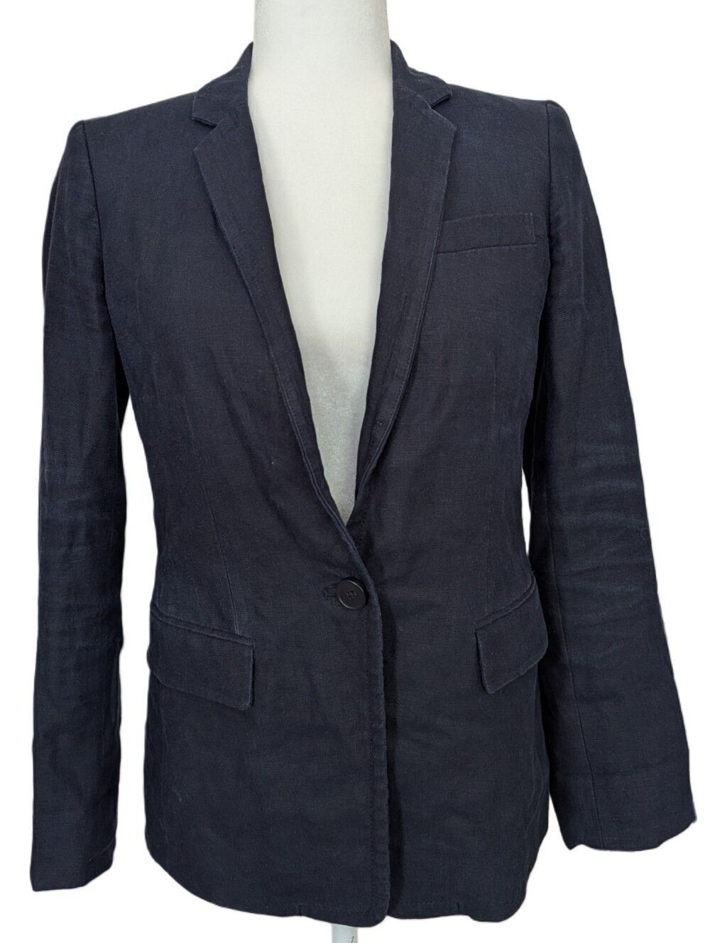 J. Crew Womens Navy Blue Business Casual Single Button 100% Linen Blazer Size 2